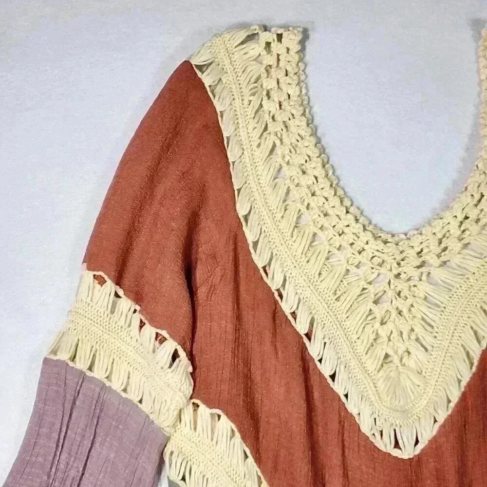 Women's Crochet Crinkle V-Neck Tunic Hippie BOHO Peasant‎ Coverup Earthy Blouse